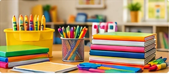 Notebooks, pencils and colorful classroom supplies