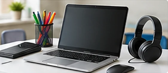Computer and technology accessories at a school desk